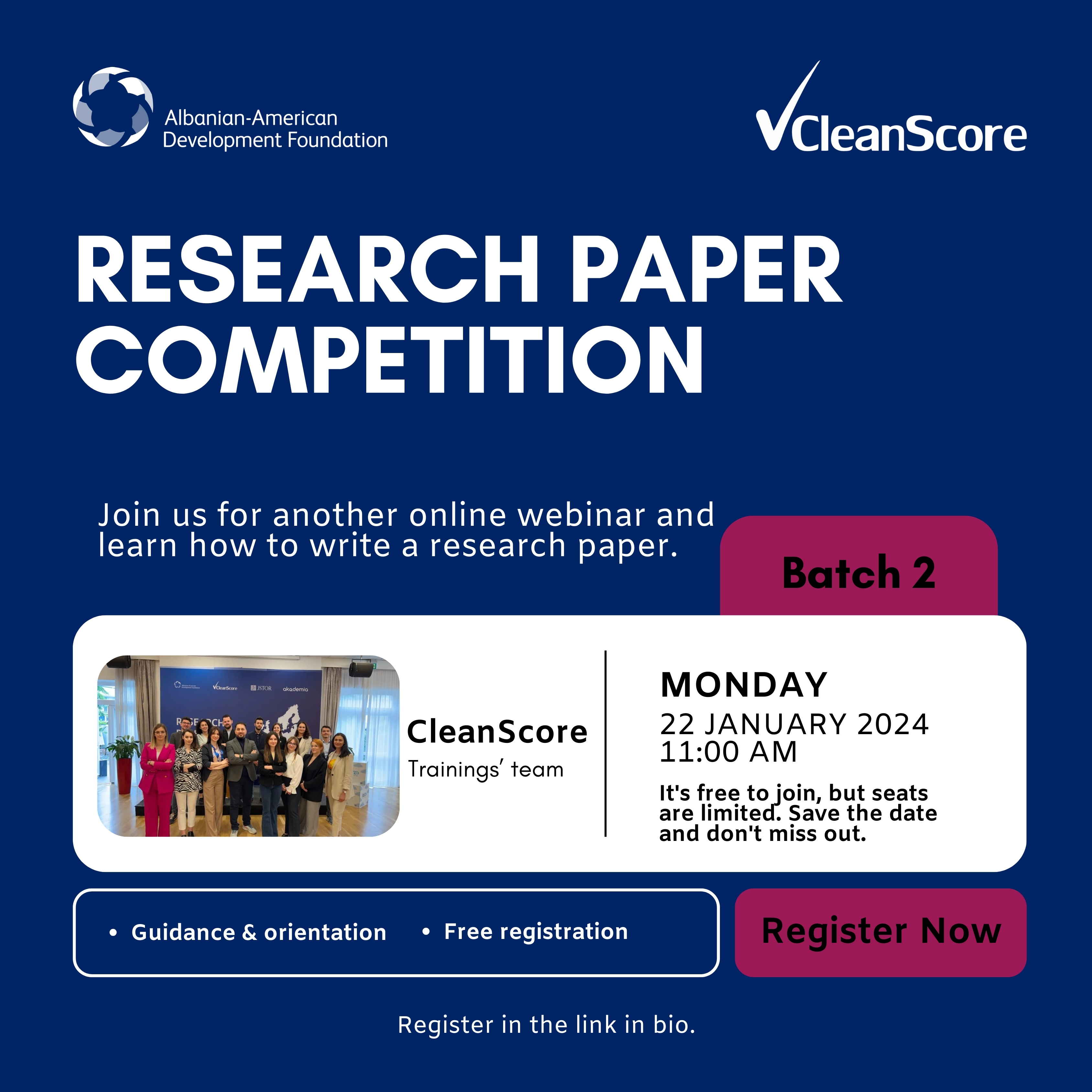 CleanScore mban të hënë, datë 22 Janar 2024, webinar-in online me temë: “A Research Paper Competition”